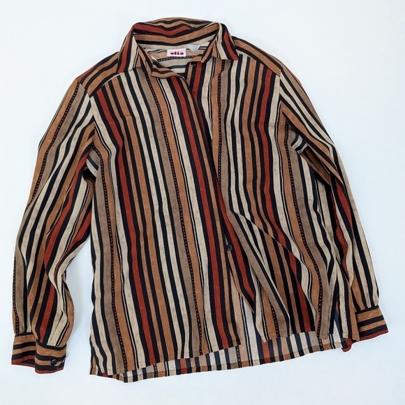 *Free with Purchase* 90’s Striped Long Sleeve Blouse Earth Tones Collar - Picture 4 of 10